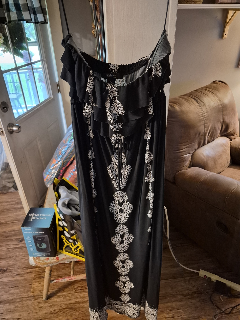 Style & Co. black and white strapless maxi dress featuring a ruffled neckline.